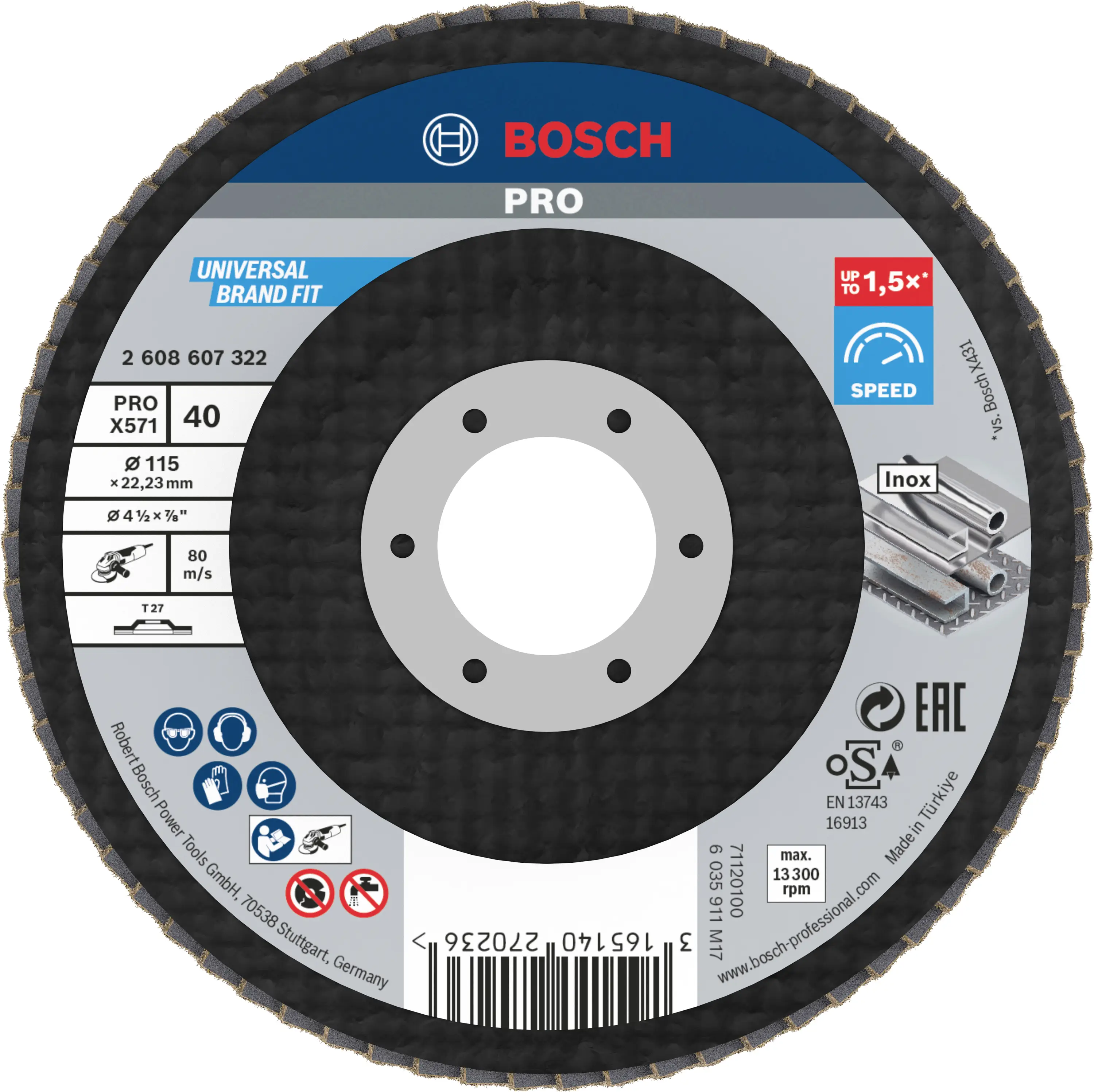 Bosch Accessories 2608607322 X571 vějířový brusný kotouč Průměr 115 mm Ø otvoru 22.33 mm Zrnitost 40 ocel 1 ks Bosch Accessories 2608607322 X571 vějířový brusný kotouč Průměr 115 mm Ø otvoru 22.33 mm Zrnitost 40 ocel 1 ks