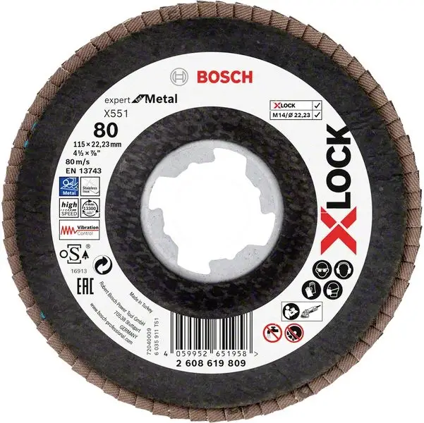 Bosch Accessories 2608619809 X551 vějířový brusný kotouč Průměr 115 mm Ø otvoru 22.23 mm Zrnitost 80 1 ks Bosch Accessories 2608619809 X551 vějířový brusný kotouč Průměr 115 mm Ø otvoru 22.23 mm Zrnitost 80 1 ks