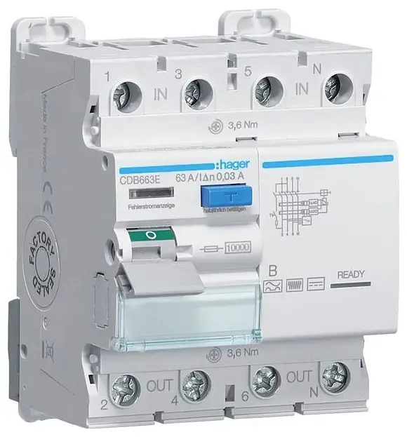 Hager CDB663E CDB663E proudový chránič zbytkový proudový chránič B 63 A 0.03 A 230 V, 400 V Hager CDB663E CDB663E proudový chránič zbytkový proudový chránič B 63 A 0.03 A 230 V, 400 V