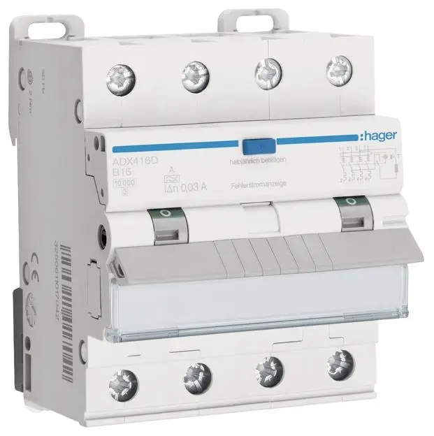 Hager ADX416D proudový chránič/elektrický jistič 4pólový 16 A 0.03 A 400 V Hager ADX416D proudový chránič/elektrický jistič 4pólový 16 A 0.03 A 400 V