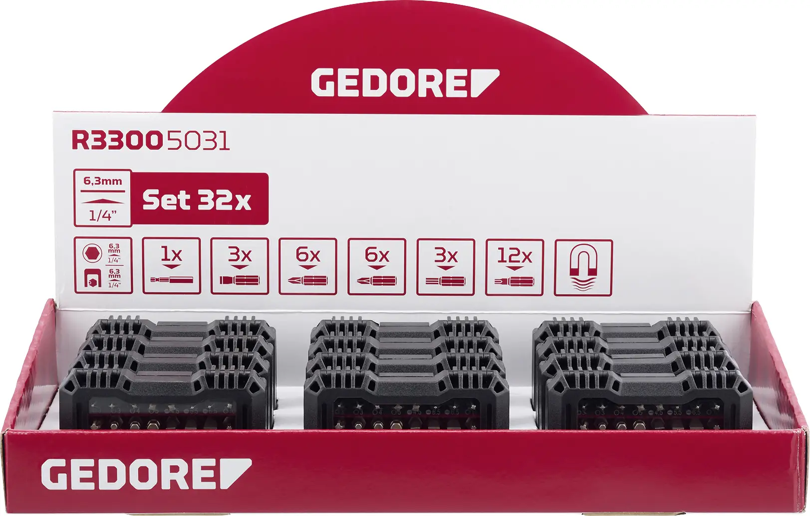Gedore Display 12xBit-Box 1/4 SL+PH+PZ+TX 32tlg R33009032 Box s bity, 12násobné, 1/4 (6,3 mm), 1/4 (6,3 mm)