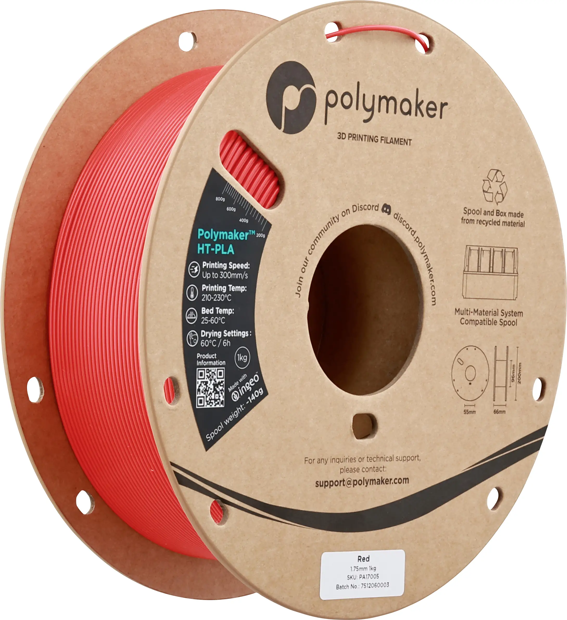 Polymaker PA17005 HT-PLA vlákno pro 3D tiskárny PLA plast, HT PLA Odolnost vůči vysokým teplotám, Filament pro vysokorychlostní 3D tisk 1.75 mm 1000 g červená