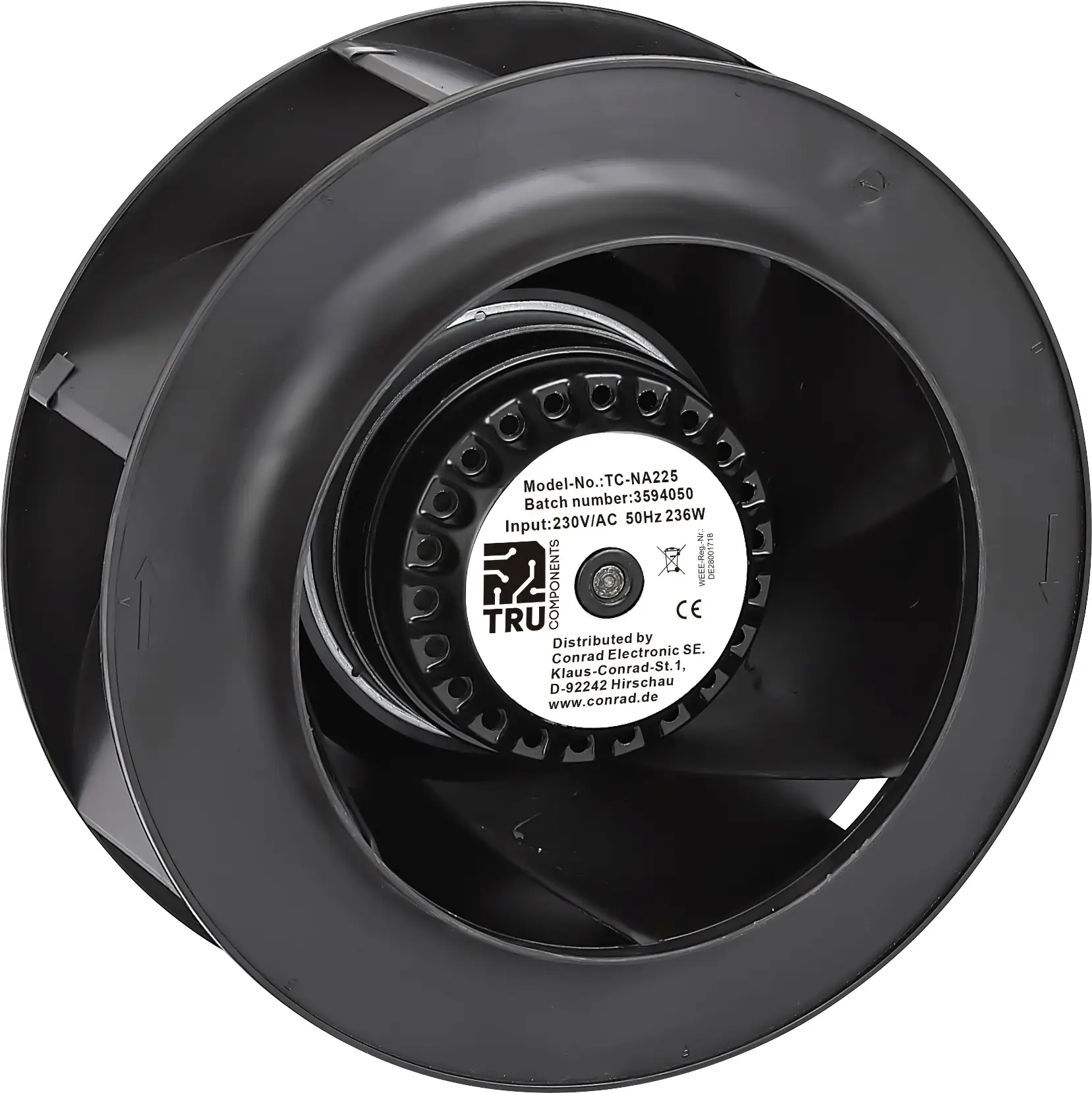 TRU COMPONENTS TC-NA225 radiální ventilátor, 230 V/AC, 1250 m³/h, (Ø x v) 225 mm x 101.5 mm, TC-14376200 TRU COMPONENTS TC-NA225 radiální ventilátor, 230 V/AC, 1250 m³/h, (Ø x v) 225 mm x 101.5 mm, TC-14376200