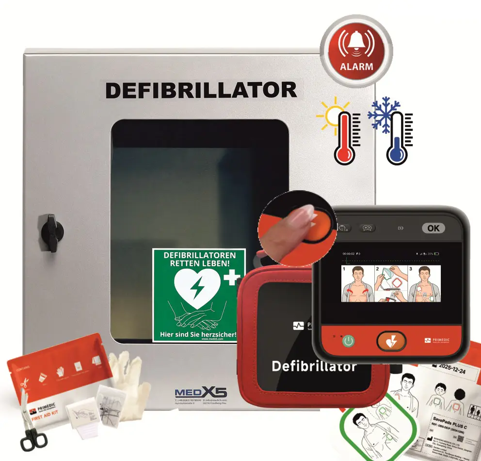 MEDX5 myPAD-M mit LCD-Bildschirm štítek AED venkovní s hlasovými příkazy, S ohřevem, vč. nástěnné schránky MEDX5 myPAD-M mit LCD-Bildschirm štítek AED venkovní s hlasovými příkazy, S ohřevem, vč. nástěnné schránky