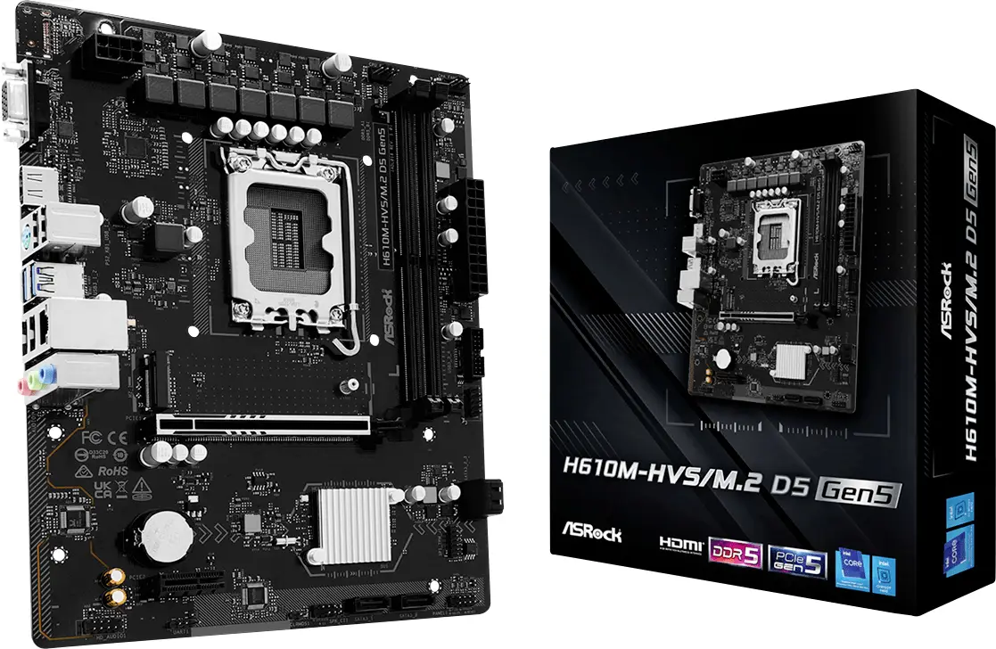 ASRock H610M-HVS/M.2 D5 GEN5 1700 mAT Základní deska Socket (PC) Intel® 1700 Tvarový faktor Micro-ATX Čipová sada základní desky Intel® H610 ASRock H610M-HVS/M.2 D5 GEN5 1700 mAT Základní deska Socket (PC) Intel® 1700 Tvarový faktor Micro-ATX Čipová sada základní desky Intel® H610