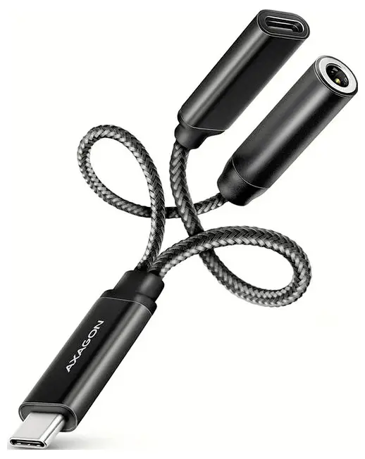 AXAGON USB 2.0 adaptér [2x USB-C® zásuvka (nabíjení), jack zásuvka 3,5 mm - 1x USB-C® zástrčka]