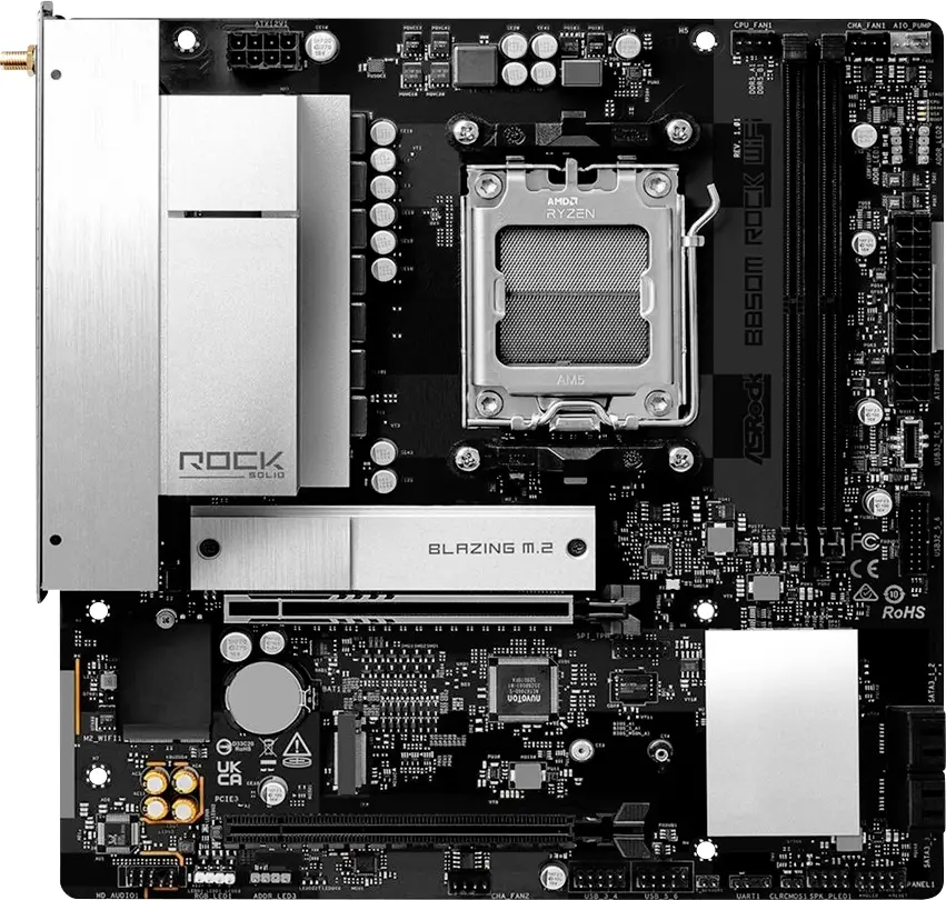 ASRock ASROCK B850M Rock Wifi (AM5) (D) Základní deska Socket (PC) AMD AM5 Tvarový faktor ATX Čipová sada základní desky AMD® B850