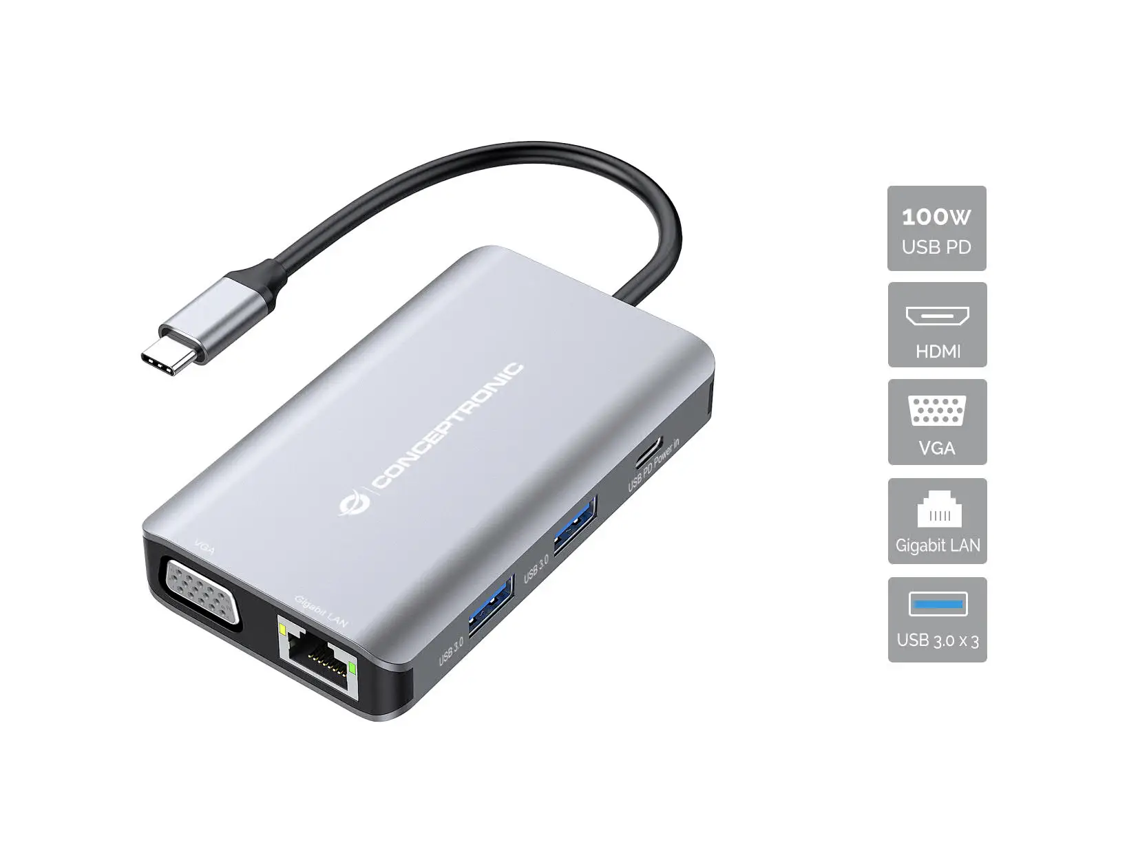 Conceptronic USB-C® dokovací stanice DONN21G 7-in-1 USB 3.2 Gen 1 Docking Sta