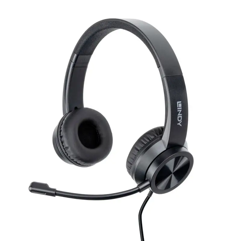 LINDY 20439 Headset otevřená (On Ear) kabelová stereo černá headset, regulace hlasitosti, Vypnutí zvuku mikrofonu Počítače