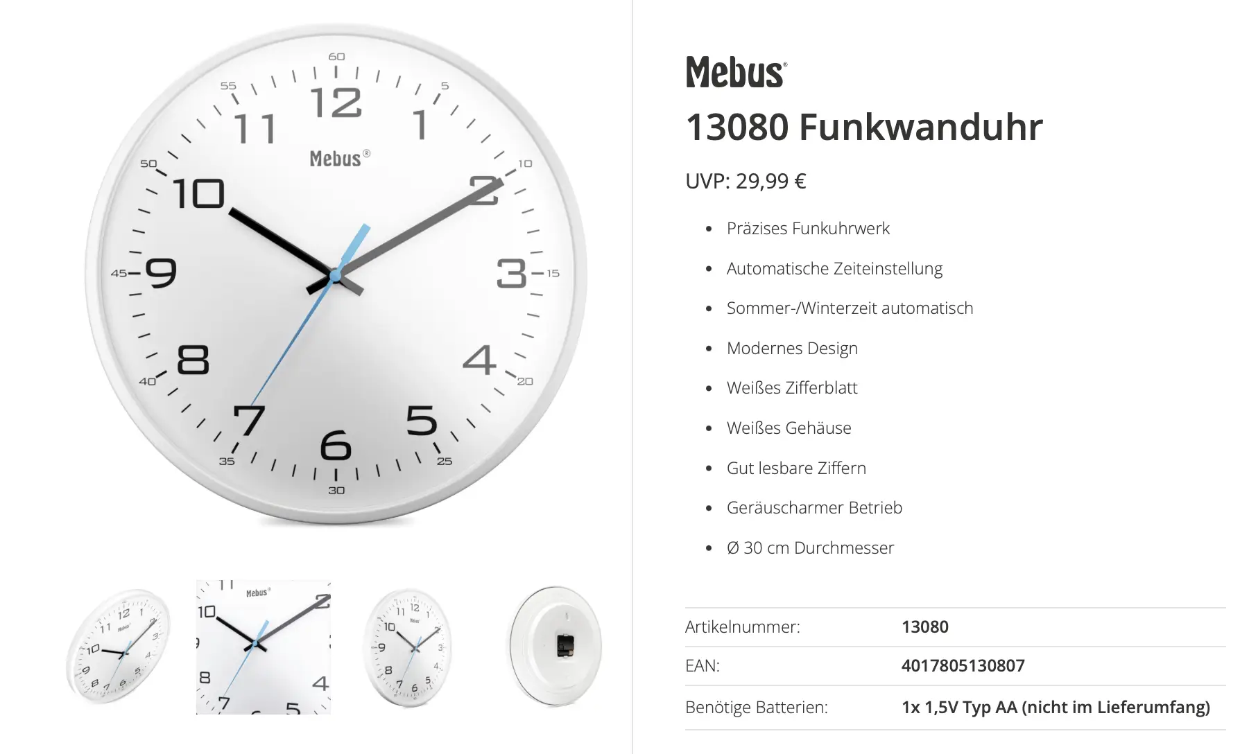 Mebus 13080 DCF rádiové hodiny 30 cm , bílá, tiché hodiny (bez tikání) Mebus 13080 DCF rádiové hodiny 30 cm , bílá, tiché hodiny (bez tikání)