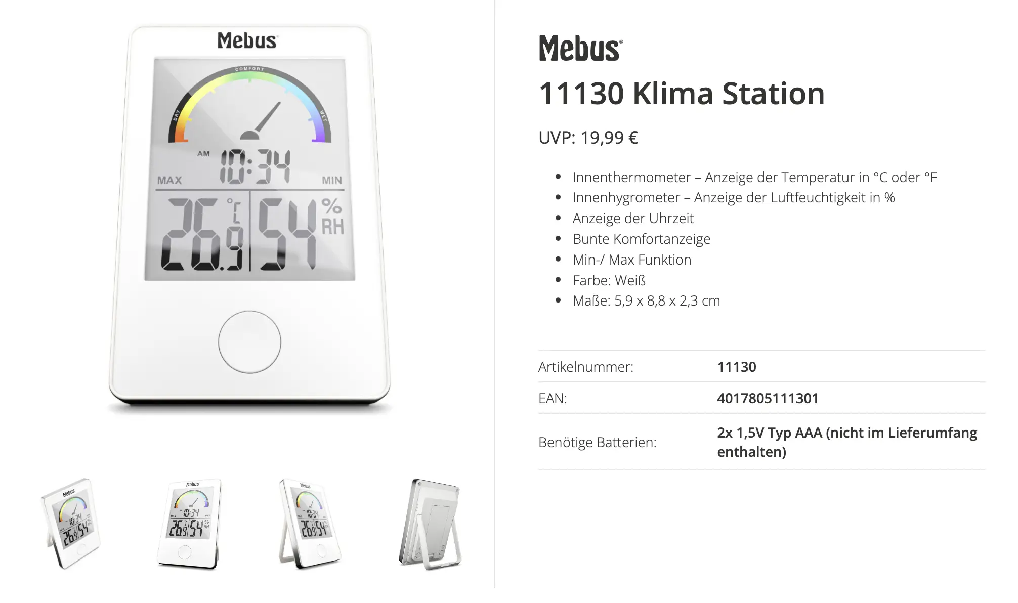 Mebus teploměr a vlhkoměr bílá 11130