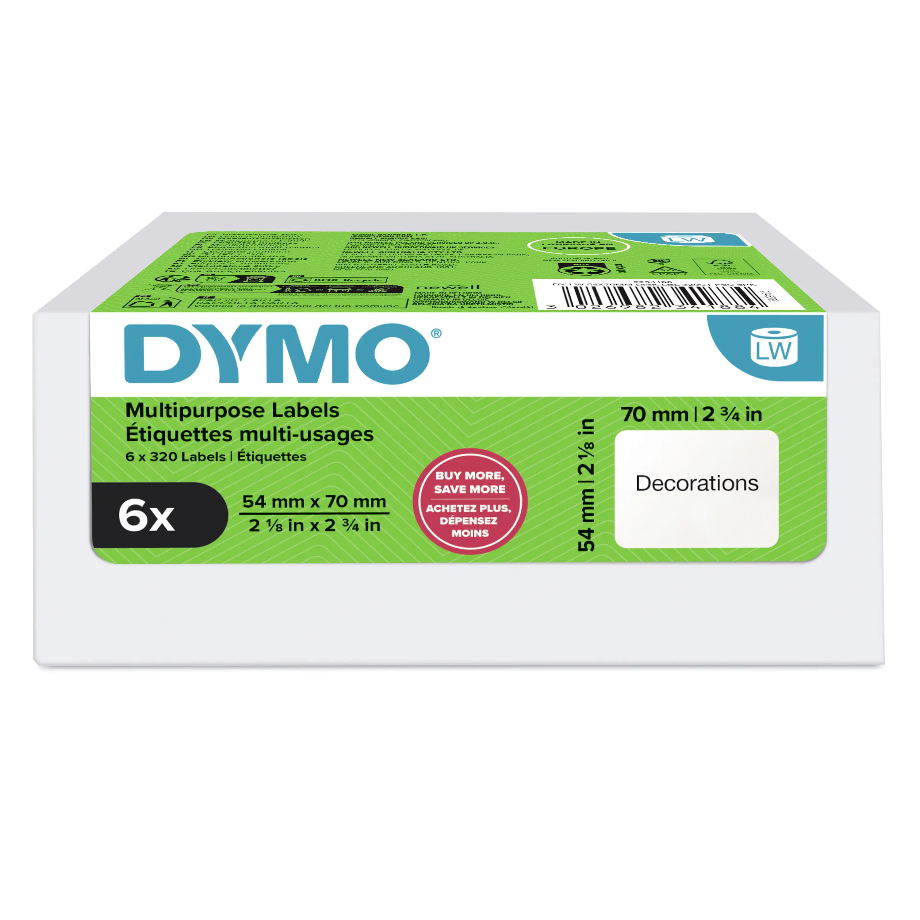 DYMO etikety v roli 70 x 54 mm papír thermodirekt bílá 6 role přemístitelné 2234188 univerzální etikety, Štítky CD, kotoučové etikety