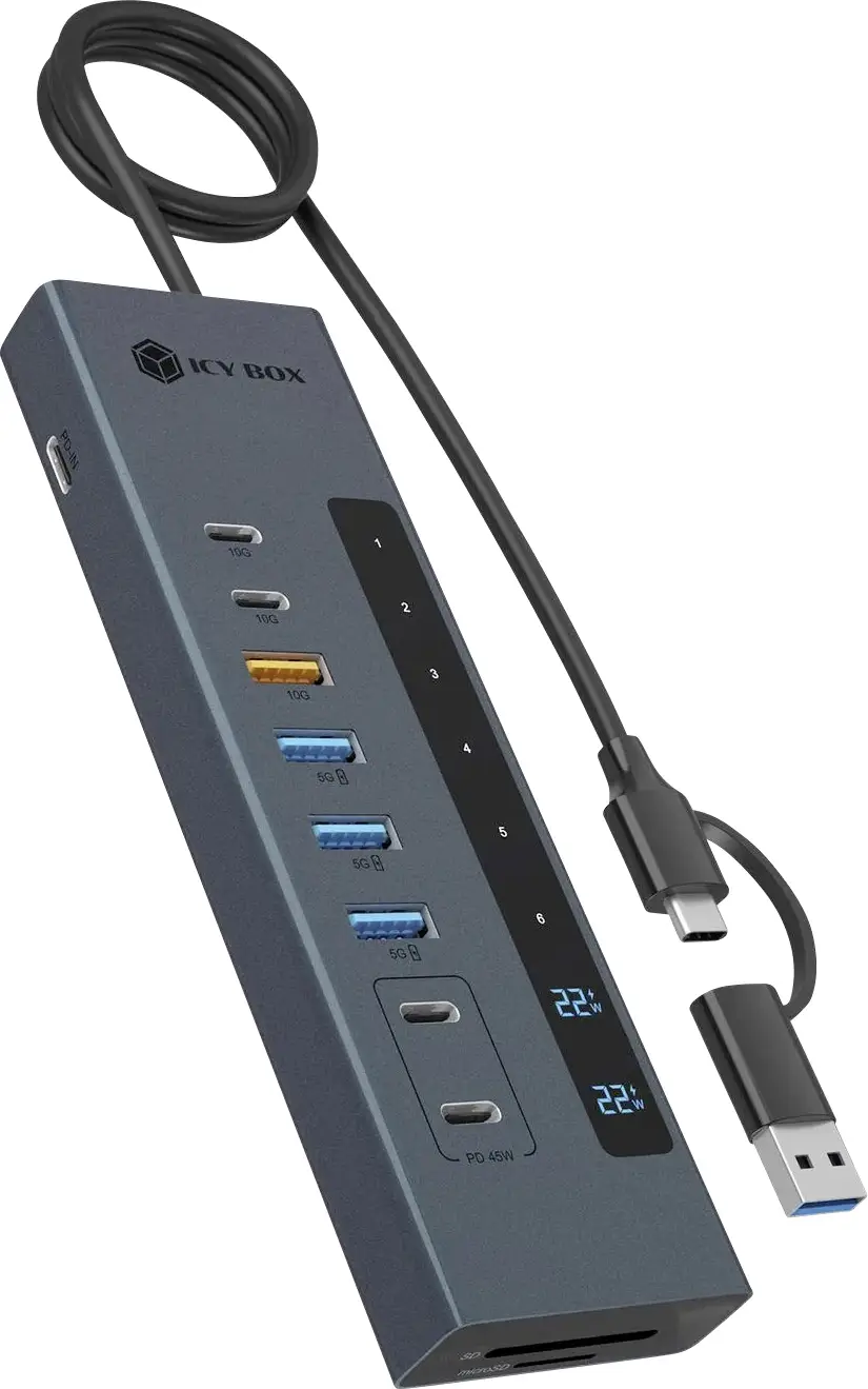 ICY BOX 61159 USB Hub 7 + 2 porty USB-C™ (USB 3.2 Gen 2), USB-C® (s napájením), USB 3.2 (Gen 2) , USB 3.2 (Gen 1x1) , SDHC, SDXC, SD, microSDHC, microSDXC, ICY BOX 61159 USB Hub 7 + 2 porty USB-C™ (USB 3.2 Gen 2), USB-C® (s napájením), USB 3.2 (Gen 2) , USB 3.2 (Gen 1x1) , SDHC, SDXC, SD, microSDHC, microSDXC,