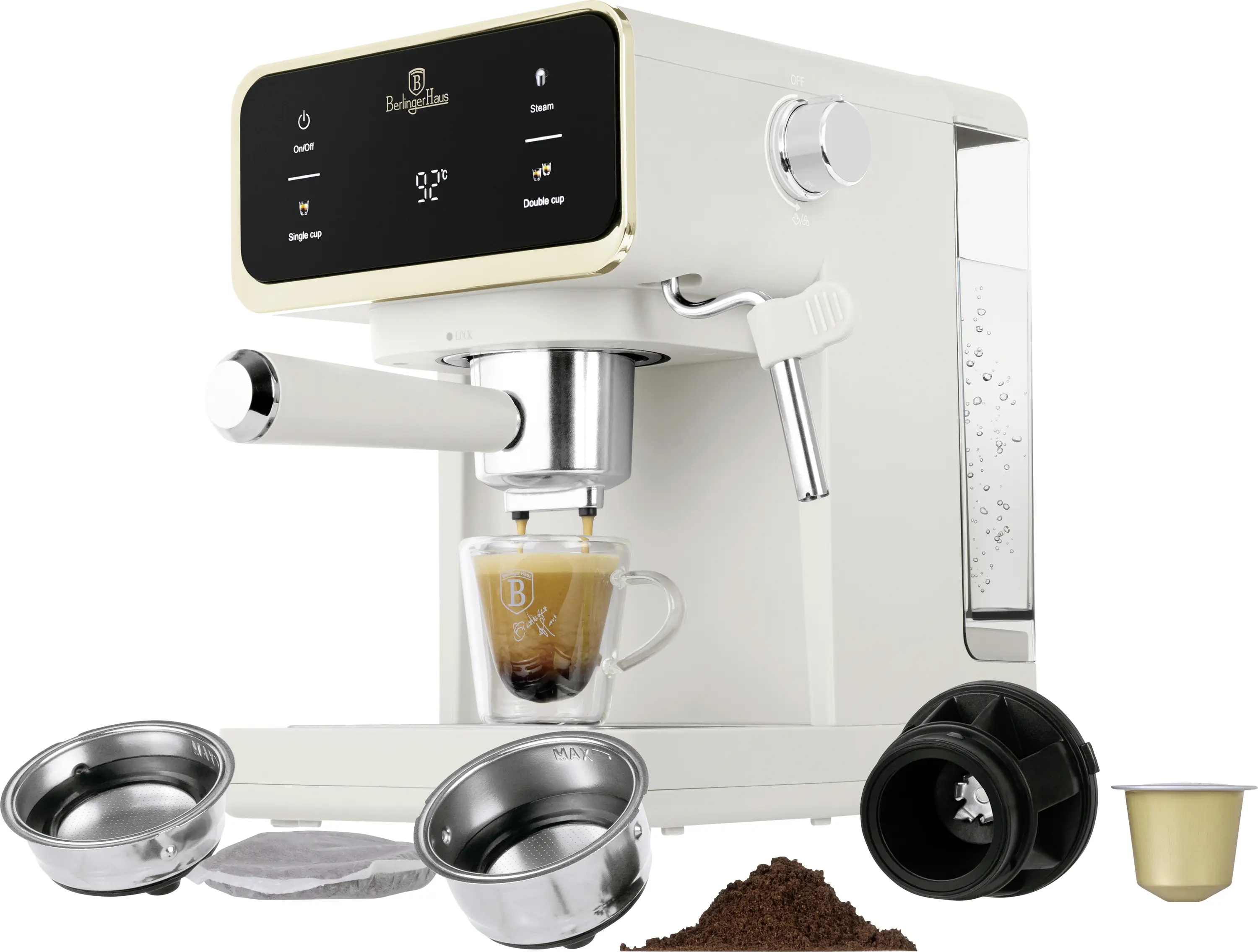 BerlingerHaus Kávovar Sahara 950 W kompatibilní s E.S.E. Pad, displej, s ohřívačem šálků