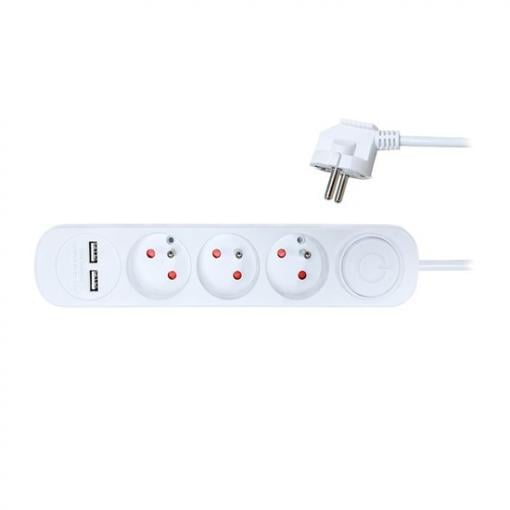 Solight prodlužovací přívod, 3 zásuvky, USB 2.4A, bílý, 3 x 1mm2, vypínač, 2m - PP111USB