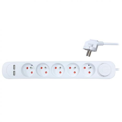 Solight prodlužovací přívod, 5 zásuvek, USB 2.4A, bílý, 3 x 1mm2, vypínač, 2m - PP152USB