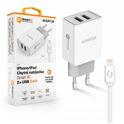 Chytrá síťová nabíječka ALIGATOR 2.4A, 2xUSB, smart IC, bílá, kabel pro iPhone/iPad 2A