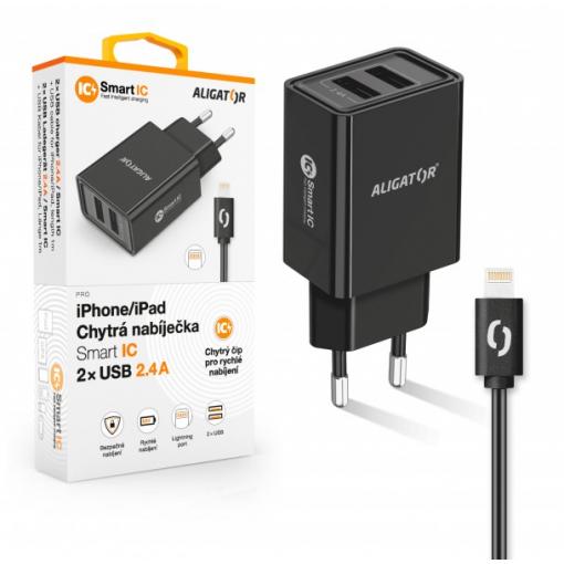 Chytrá síťová nabíječka ALIGATOR 2.4A, 2xUSB, smart IC, černá, kabel pro iPhone/iPad 2A
