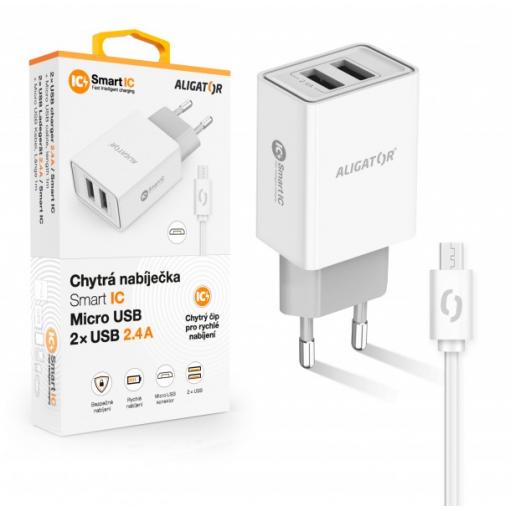 Chytrá síťová nabíječka ALIGATOR 2.4A, 2xUSB, smart IC, bílá, Micro USB kabel 2A