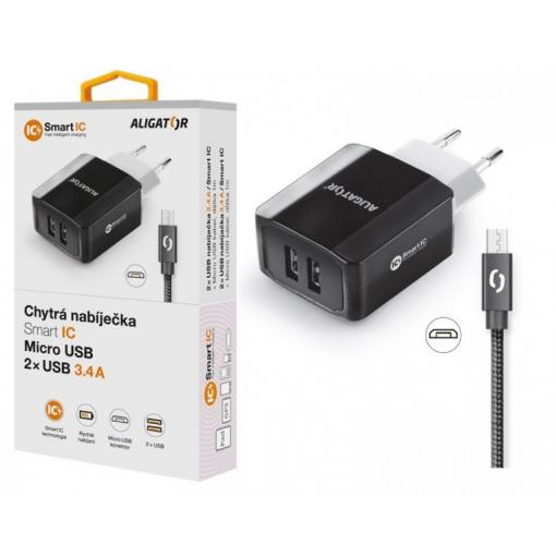 Chytrá síťová nabíječka ALIGATOR 3.4A, 2xUSB, smart IC, černá, micro USB kabel 2A