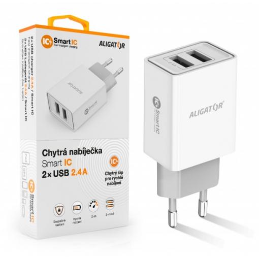 Chytrá síťová nabíječka ALIGATOR 2.4A, 2xUSB, smart IC, bílá