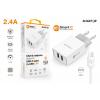 Chytrá síťová nabíječka ALIGATOR 2.4A, 2xUSB, smart IC, bílá, USB-C kabel 2A
