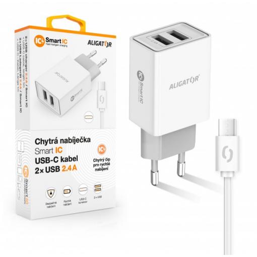 Chytrá síťová nabíječka ALIGATOR 2.4A, 2xUSB, smart IC, bílá, USB-C kabel 2A