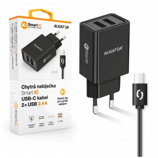 Chytrá síťová nabíječka ALIGATOR 2.4A, 2xUSB, smart IC, černá, USB-C kabel 2A