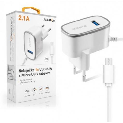 Nabíječka ALIGATOR MicroUSB s USB výst 5V/2,1A, bílá