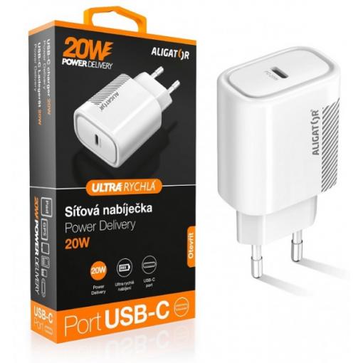 Chytrá síťová nabíječka ALIGATOR Power Delivery 20W, USB-C, bílá