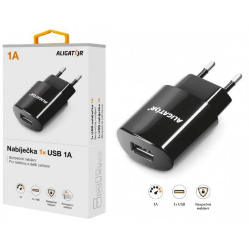 Nabíječka ALIGATOR s USB výstupem 1A, Turbo charge, černá