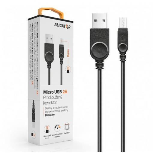 Datový kabel , micro USB, 2A, 1m, prodloužený konektor 9mm, černý, OUTDOOR