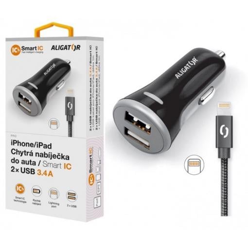 Chytrá nabíječka do auta ALIGATOR 3.4A, 2xUSB, smart IC, černá, Lighthing kabel 2A