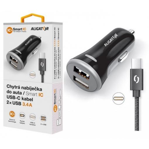 Chytrá nabíječka do auta ALIGATOR 3.4A, 2xUSB, smart IC, černá, USB-C kabel 2A