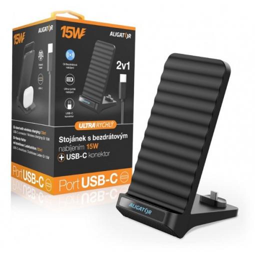 ALIGATOR stojánek s bezdrátovým nabíjením 15W a USB-C konektorem, 2v1, černý