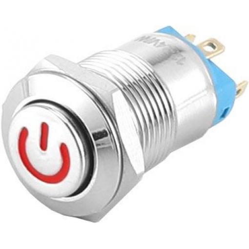 Stiskací vypínač OFF-ON 12 mm, 230 V AC / 3 A, červené podsvícení 12-24 V
