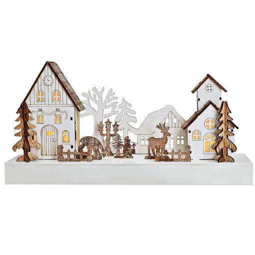 Solight LED vánoční vesnička, 34x17cm, dřevo, 4 LED, 2x AA - 1V256