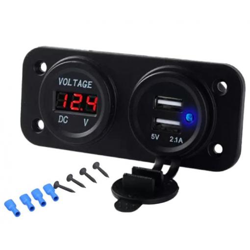 Vodotěsná USB zásuvka 2× s voltmetrem, 5 V / 2,1 A