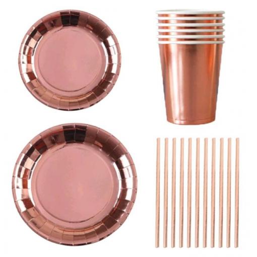 Sada papírových brček, kelímků a talířů, Rose Gold, 22 ks