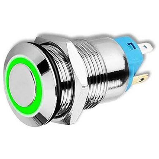 Stiskací vypínač OFF-ON 12 mm, 230 V AC / 3 A, zelené podsvícení 12-24 V