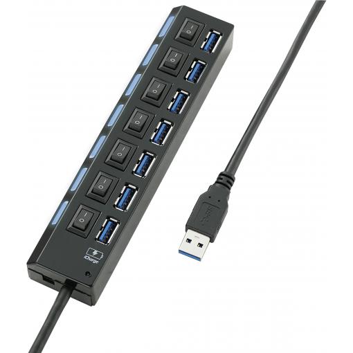 7 portů USB 3.0 hub lze spínat jednotlivě, se stavovými LED, s nabíjecím portem pro iPad černá