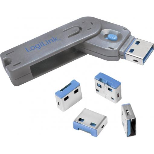 LogiLink zámek portu USB USB PORT LOCK, 1 KEY + 4 LOCKS sada 4 ks stříbrná, modrá zámek s klíčem vč. 1 klíče AU0043