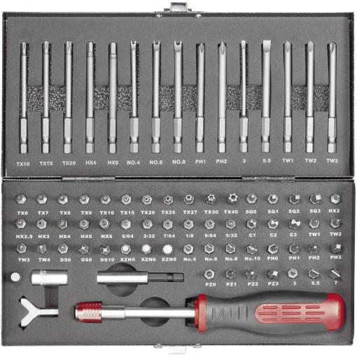 TOOLCRAFT HT02183 820952 sada bitů, 75dílná, plochý, inbus, spojka, Tri-Wing, TORQ, čtyřzub (XZN), křížový PZ, křížový PH, profil T, 1/4 (6,3 mm)