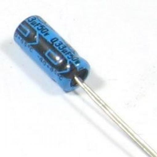 0,33uF/50V N.A. 5x11x2mm, elektrolytický kondenzátor radiální