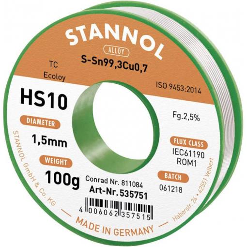 Stannol HS10 2510 bezolovnatý pájecí cín cívka Sn99,3Cu0,7 ROM1 100 g 1.5 mm