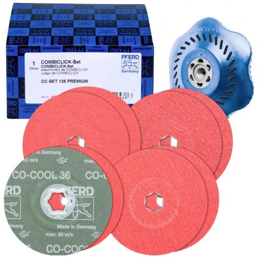 PFERD TOOLS 42098002 Sada vlákenných keramických kotoučů COMBICLICK Ø125mm co-COOL 36, 60, 80, 120 s opěrným talířem CC-H pro nerezovou ocel Průměr 125 mm
