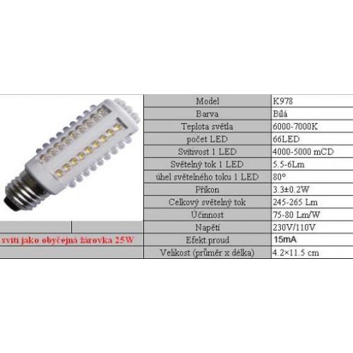 Žárovka LED E27-66x,bílá,230V/3,5W