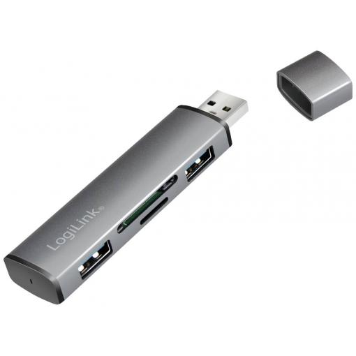 LogiLink UA0394 USB Hub 4 porty USB-A, SD, microSD USB 3.2 Gen2 10 GBit/s s hliníkovým krytem, se zabudovanou čtečkou SD karet, se stavovými LED vesmírná šedá