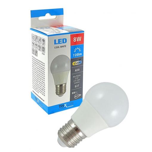 LED žárovka TRIXLINE 8 W, E27, A50, studená bílá
