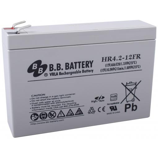 B.B. Battery B.B. HR4.2-12FR-VDS HR4.2-12FR olověný akumulátor 12 V 4200 mAh olověný se skelným rounem (š x v x h) 140 x 100 x 39 mm plochý konektor 6,35 mm